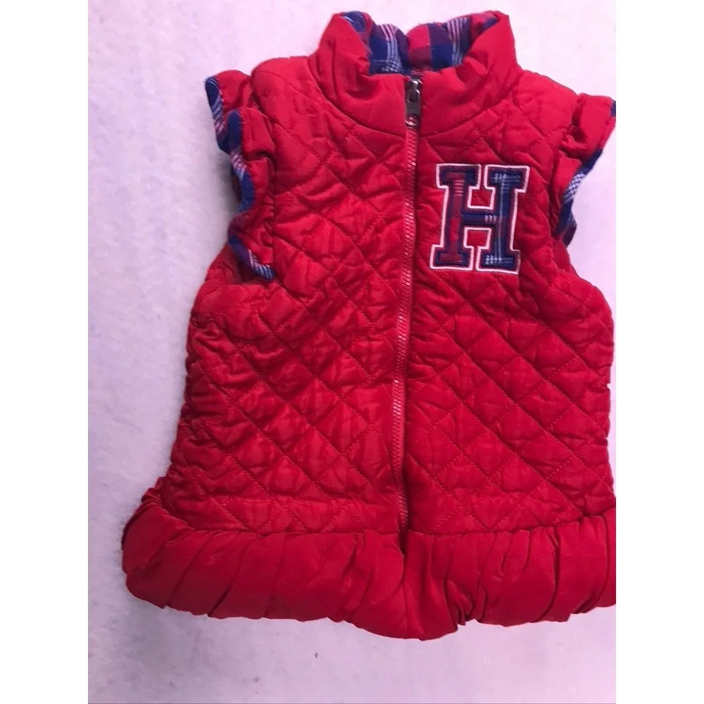 Tommy Hilfiger Quilted‎ Vest Kids 3T Red  Ruffle Hem Plaid Trim Puffer